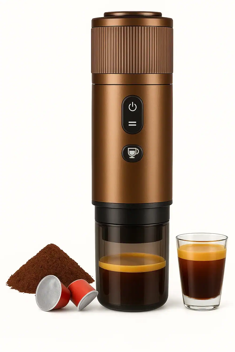 Cafetera espresso port&aacute;til CONQUECO usada en coche con vaso t&eacute;rmico