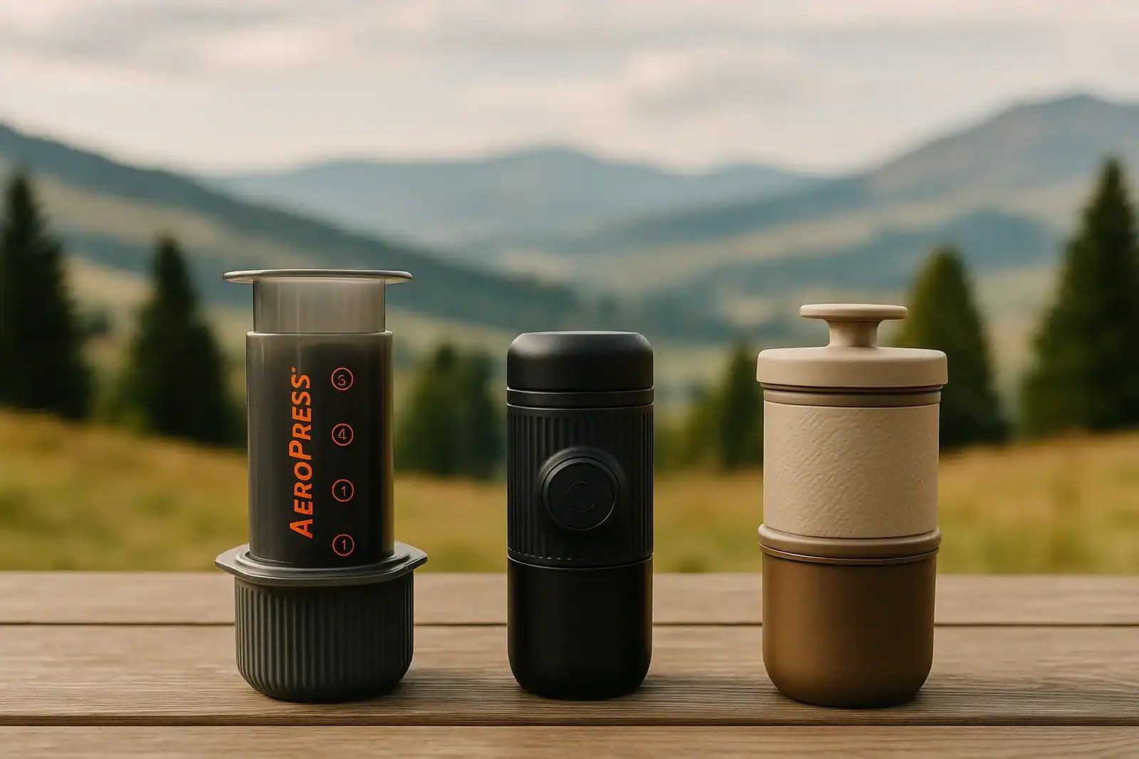 Kit de café portátil completo para viajar al aire libre sobre roca con vista al río y montañas al atardecer, diferentes métodos de preparación