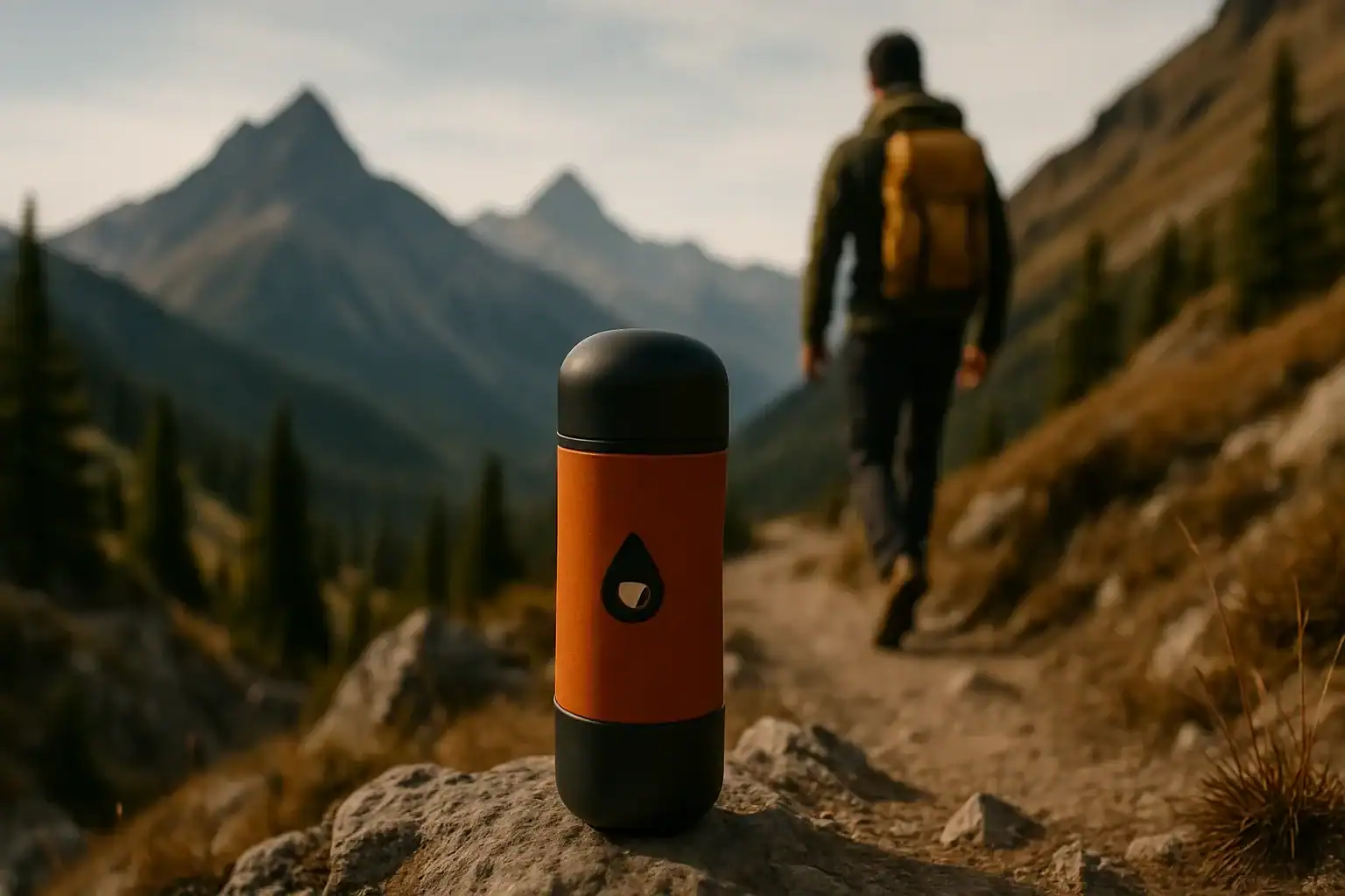 Cafetera portátil colocada sobre una roca en ruta de trekking, con montañas al fondo, estilo lifestyle cálido y natural