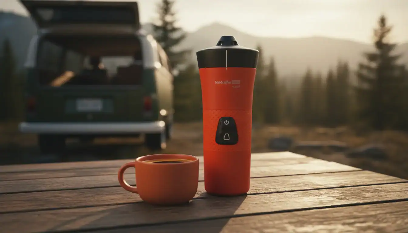 Cafetera portátil eléctrica y taza de café sobre una mesa en la naturaleza, con una furgoneta al fondo.