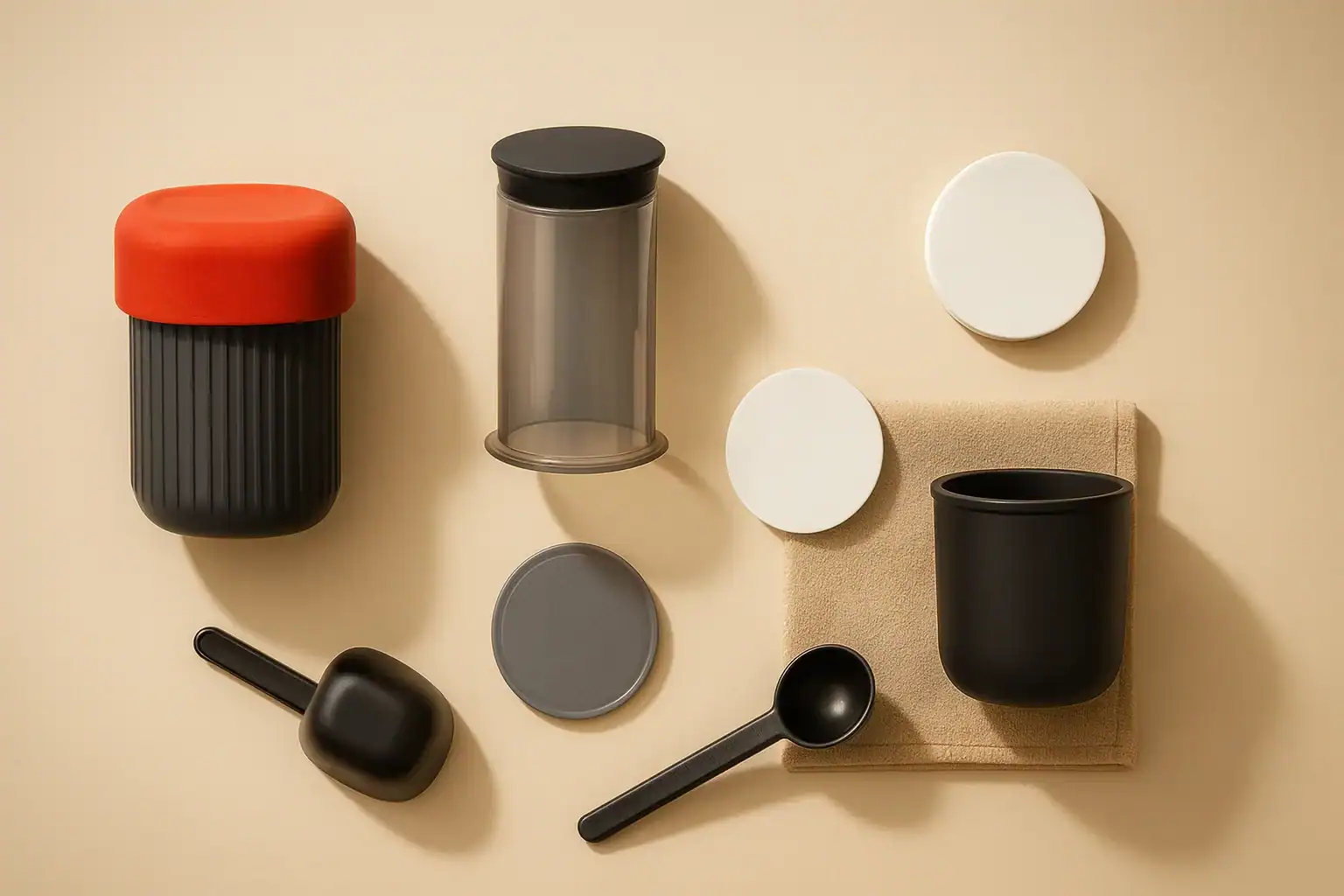 Despiece de cafetera portátil tipo AeroPress Go con vaso térmico, cámara, filtros, cucharas y tapa sobre fondo crema