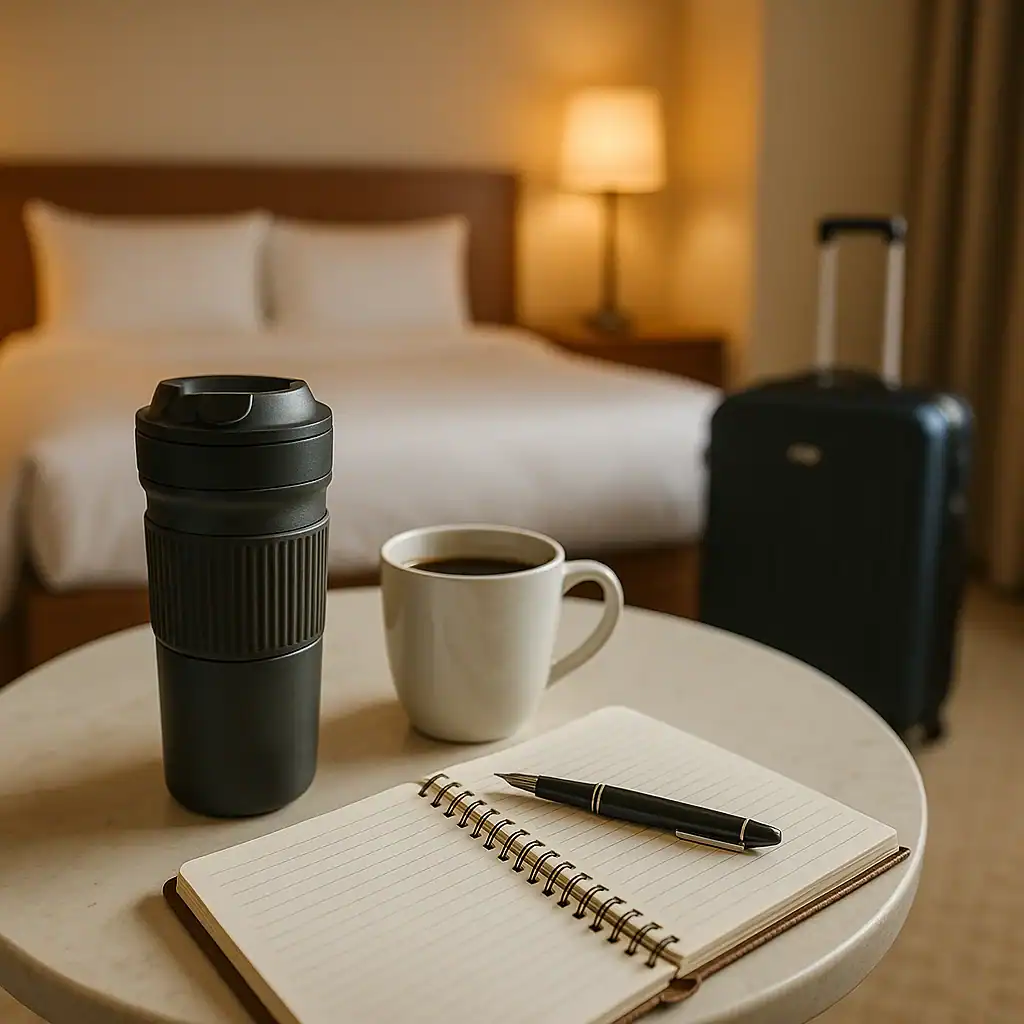 Taza de café preparada en una habitación de hotel junto a una ventana con luz suave de mañana
