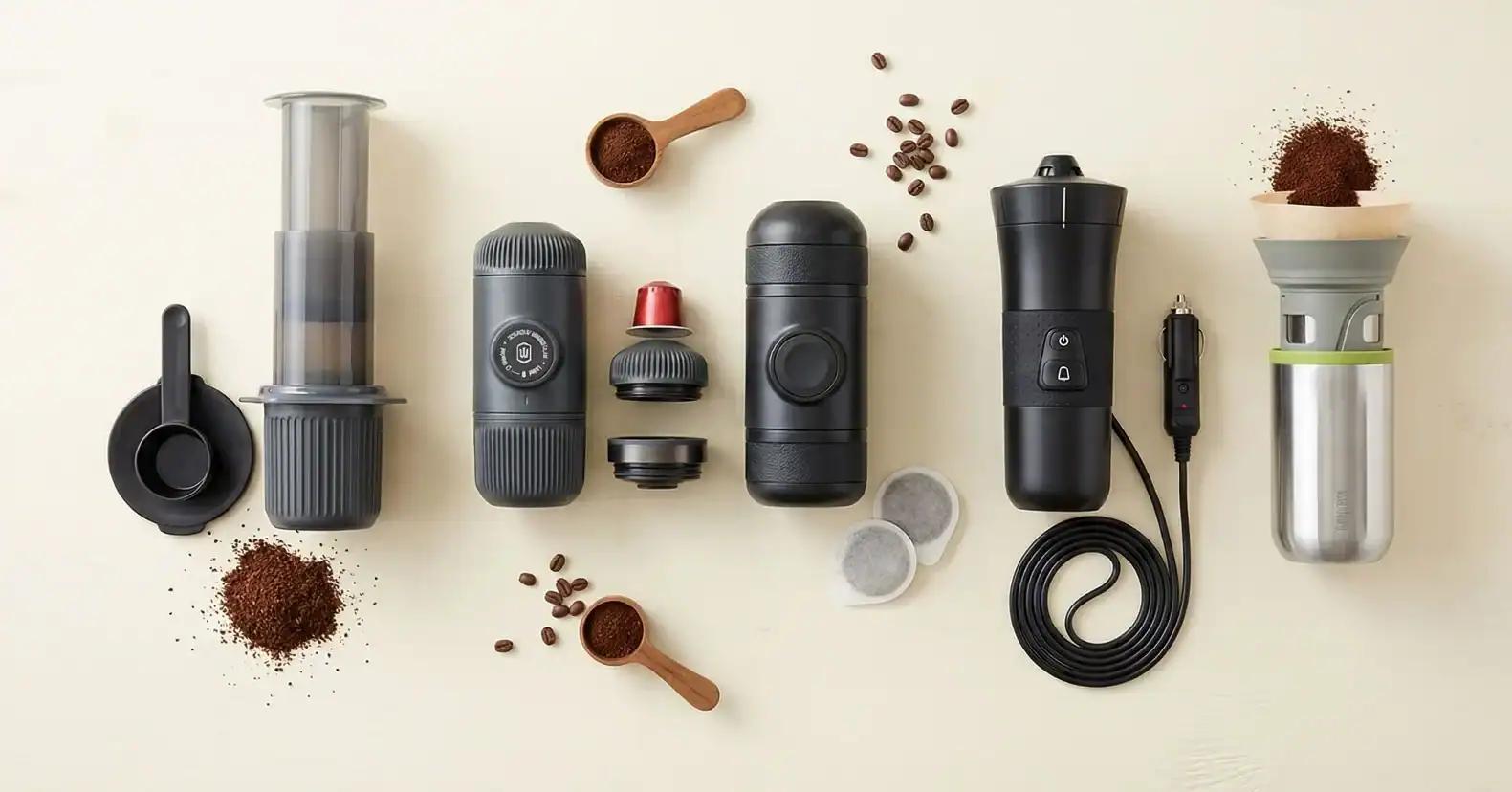 Tipos de cafeteras portátiles: AeroPress Go, Nanopresso, cafeteras 12V y métodos de goteo plegables.