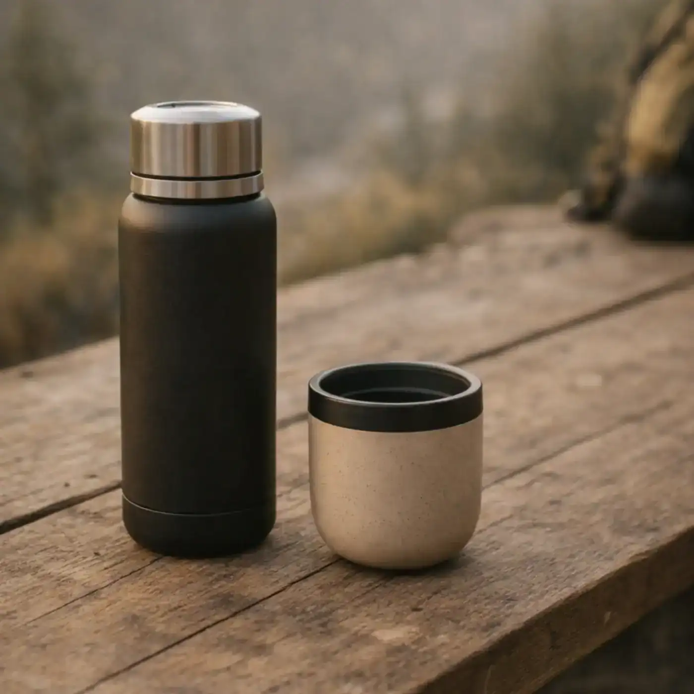 Botella térmica negra con tapón de acero y vaso beige sobre una mesa de madera, en exterior con fondo desenfocado