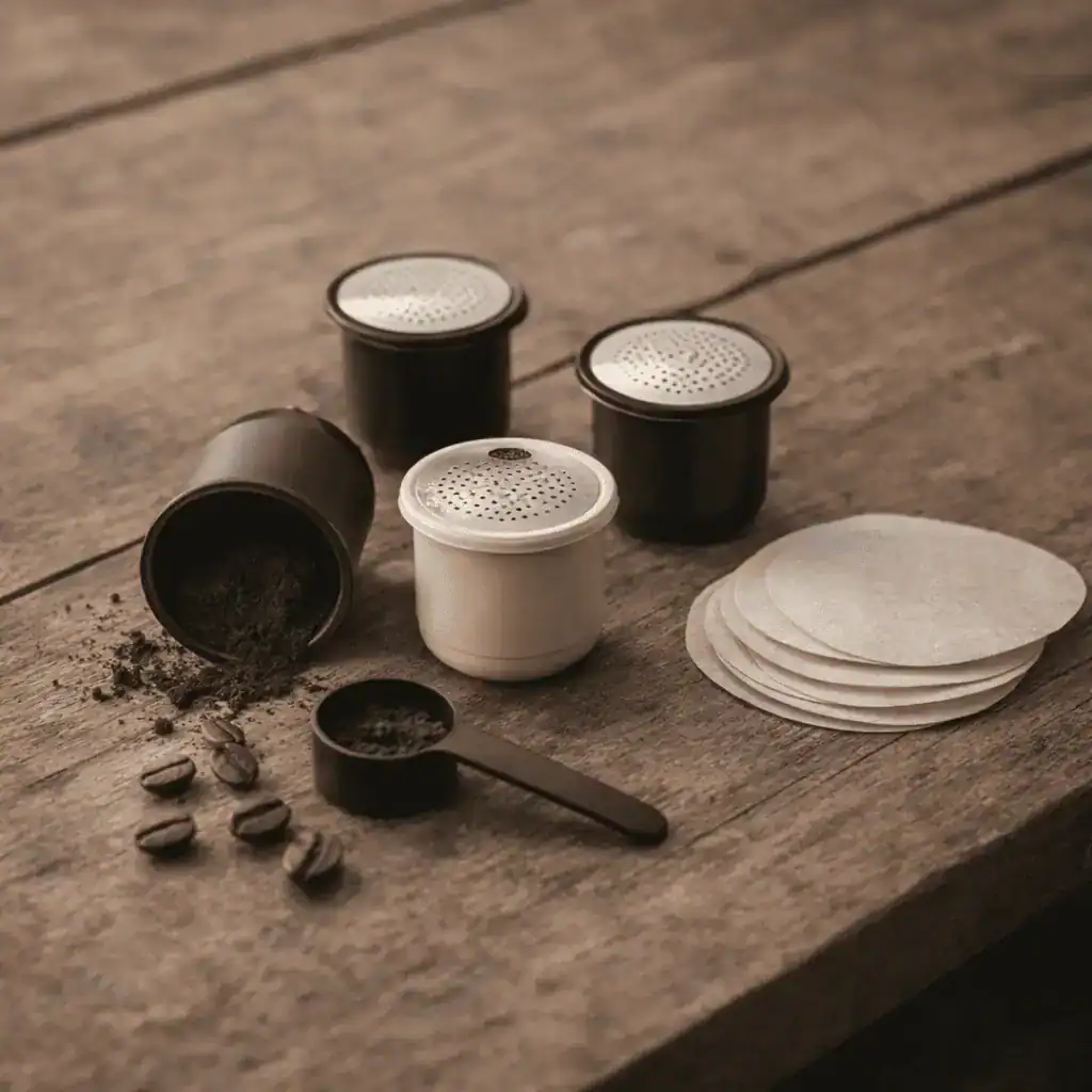 Cápsulas recargables para café con filtro, cucharita dosificadora y granos sobre una mesa de madera, en luz cálida