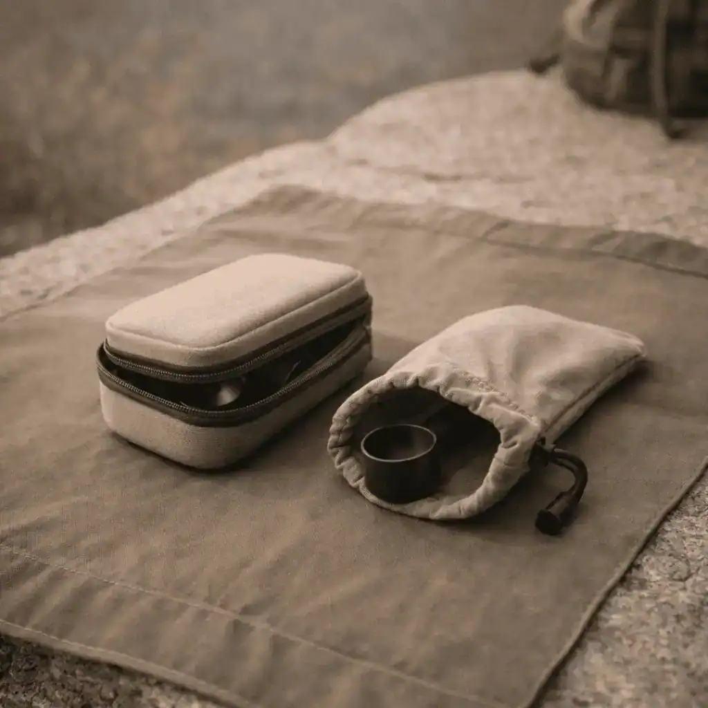 Funda rígida beige y bolsa de tela con accesorios de café sobre una manta extendida en una roca, en exterior