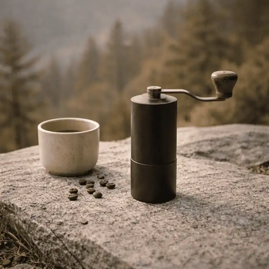 Molinillo manual de café negro con manivela y taza beige sobre una roca, con granos de café y bosque desenfocado al fondo.